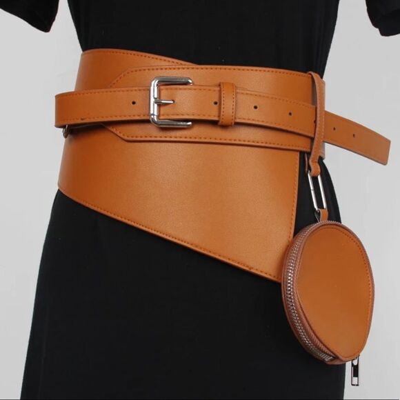 Brown Leather Asymmetric Wide Belt with Mini Bag NEW - Picture 1 of 5